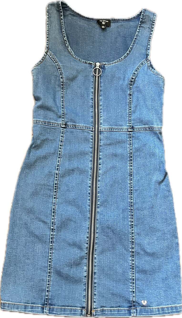 True Religion Women's Denim Sleeveless O-Ring Zip-Front Dress Y2K Bodycon EUC